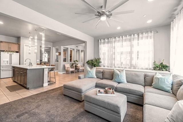 2076 Chennault Ave, Clovis, CA 93611 - living room featuring light tile patterned floors, ceiling fan, and recessed lighting