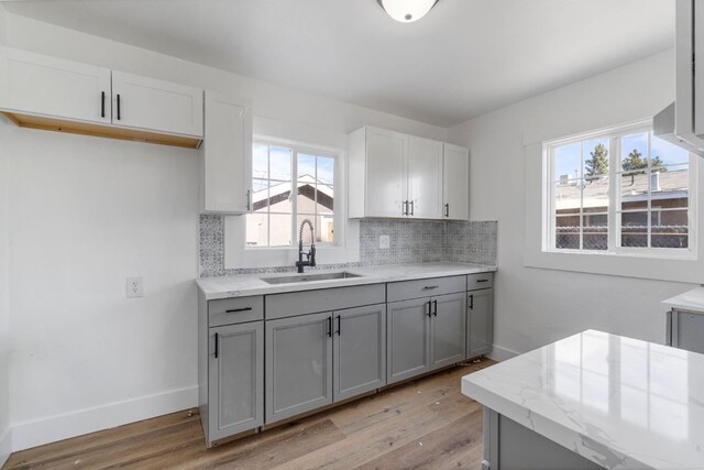 2401 E Hedges Ave, Fresno, CA 93703 - kitchen featuring gray cabinetry, light wood-type flooring, decorative backsplash, and plenty of natural light