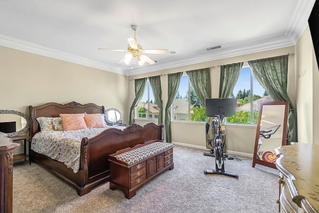 2143 Everglade Ave, Clovis, CA 93619 - bedroom with carpet, multiple windows, crown molding, and a ceiling fan