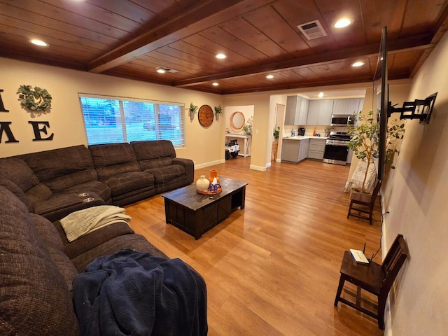 525 N Crenshaw, Visalia, CA 93291 - living room with a wooden ceiling with exposed beams, light wood-style flooring, and recessed lighting