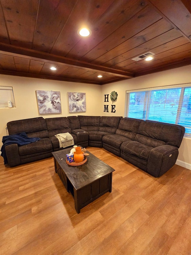 525 N Crenshaw, Visalia, CA 93291 - living area featuring a wood ceiling with exposed beams, wood finished floors, healthy amount of natural light, and recessed lighting