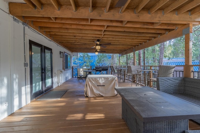 36118 Teaford Poyah, North Fork, CA 93643 - wooden terrace featuring outdoor dining space, area for grilling, a ceiling fan, and french doors