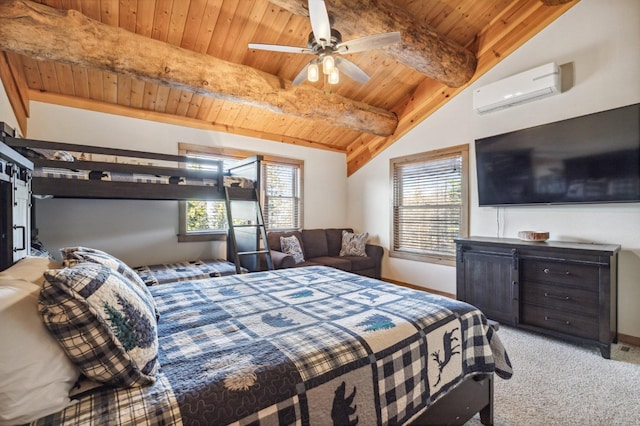 39801 Woody Ln, Shaver Lake, CA 93664 - carpeted bedroom with an AC wall unit and wood ceiling