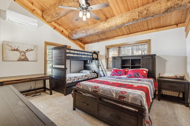 39801 Woody Ln, Shaver Lake, CA 93664 - bedroom featuring carpet floors, a wall unit AC, wooden ceiling, and ceiling fan