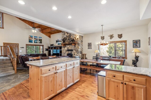 39801 Woody Ln, Shaver Lake, CA 93664 - kitchen with healthy amount of natural light, light brown cabinets, light wood-style floors, a ceiling fan, and recessed lighting