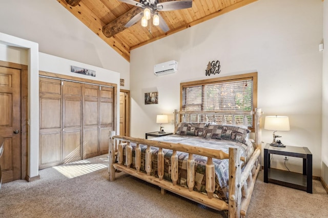 39801 Woody Ln, Shaver Lake, CA 93664 - bedroom featuring a wall mounted air conditioner, a wooden ceiling with exposed beams, light colored carpet, high vaulted ceiling, and a closet