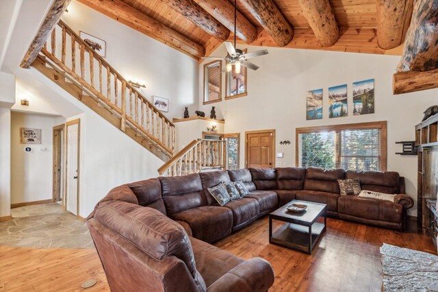 39801 Woody Ln, Shaver Lake, CA 93664 - living room featuring stairway, a ceiling fan, a high ceiling, a wood ceiling with exposed beams, and hardwood / wood-style floors