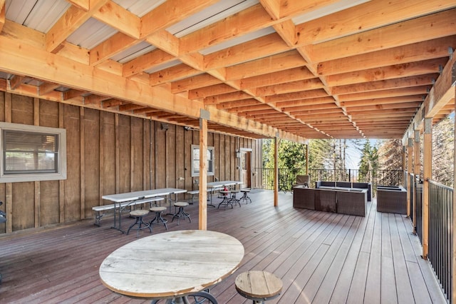 39801 Woody Ln, Shaver Lake, CA 93664 - wooden deck featuring outdoor dining area and an outdoor hangout area