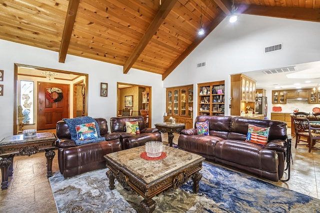 1721 W Wrenwood Ave, Fresno, CA 93711 - living room with high vaulted ceiling and a wood ceiling with exposed beams