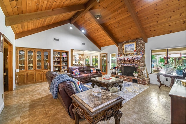 1721 W Wrenwood Ave, Fresno, CA 93711 - living area featuring high vaulted ceiling, a wooden ceiling with exposed beams, and a brick fireplace