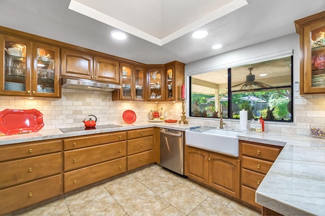 1721 W Wrenwood Ave, Fresno, CA 93711 - kitchen featuring stainless steel dishwasher, under cabinet range hood, black electric stovetop, brown cabinetry, and recessed lighting