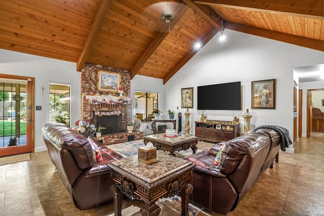 1721 W Wrenwood Ave, Fresno, CA 93711 - living area with a wood ceiling with exposed beams, high vaulted ceiling, and a brick fireplace