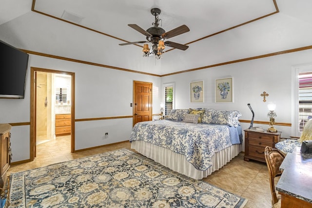 1721 W Wrenwood Ave, Fresno, CA 93711 - bedroom with light tile patterned flooring, ceiling fan, and vaulted ceiling