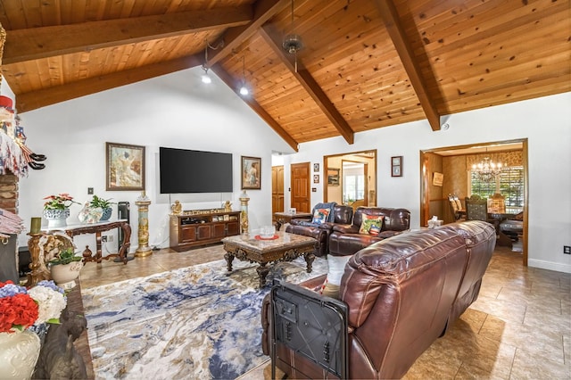 1721 W Wrenwood Ave, Fresno, CA 93711 - living area with a chandelier, a wood ceiling with exposed beams, and high vaulted ceiling