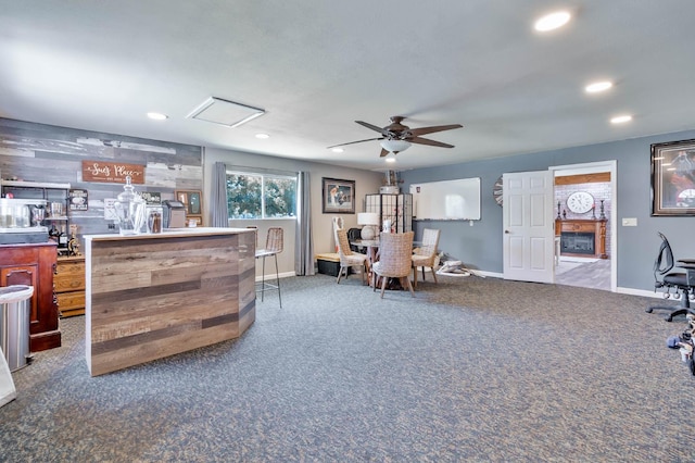 6589 N De Wolf Ave N, Clovis, CA 93619 - bar area with a fireplace, ceiling fan, carpet, and recessed lighting