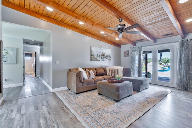 6589 N De Wolf Ave N, Clovis, CA 93619 - living room featuring wood ceiling, french doors, wood finished floors, a ceiling fan, and recessed lighting