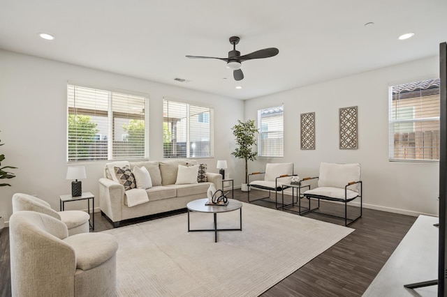 7141 N Shiraz Ave, Fresno, CA 93722 - living room with a ceiling fan, wood finished floors, and recessed lighting