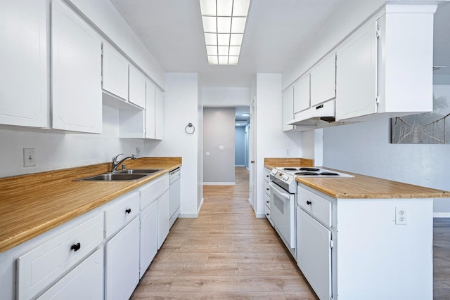 3318 Stanford Ave, Clovis, CA 93611 - kitchen with white appliances, light wood-style flooring, under cabinet range hood, white cabinetry, and light countertops