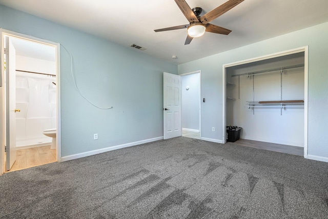 3318 Stanford Ave, Clovis, CA 93611 - unfurnished bedroom featuring carpet floors, a closet, connected bathroom, and a ceiling fan