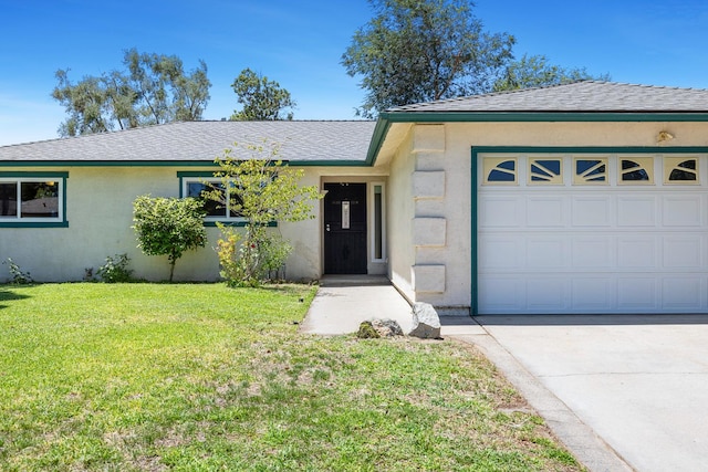3318 Stanford Ave, Clovis, CA 93611 - ranch-style house with a garage, roof with shingles, driveway, and a front yard