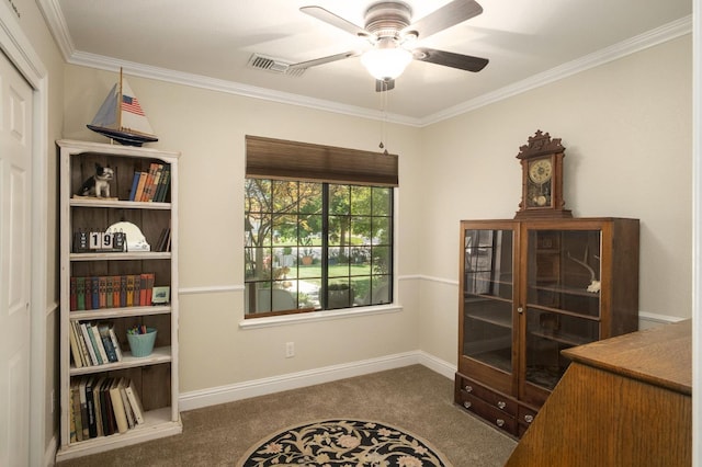 1620 Fir Ave, Clovis, CA 93611 - home office featuring carpet, a ceiling fan, and crown molding