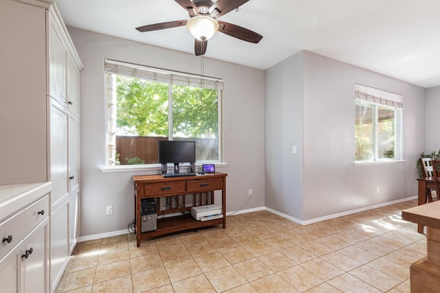 1734 Glen Oban Ln, Clovis, CA 93619 - office area with healthy amount of natural light, ceiling fan, and light tile patterned floors