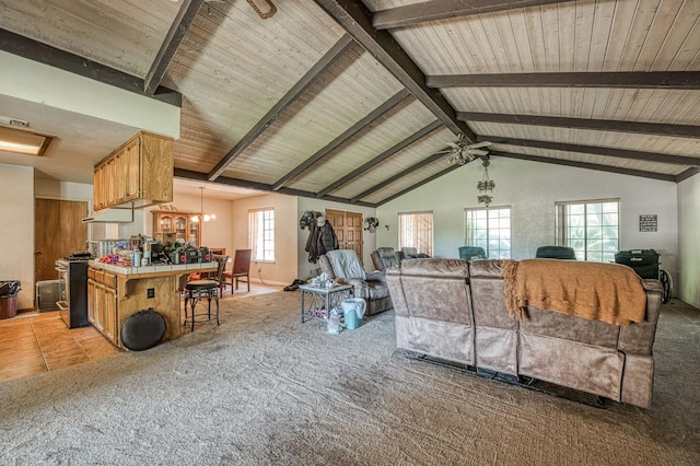 7815 N Sanders Ave, Clovis, CA 93619 - living room featuring light colored carpet, a chandelier, and wood ceiling