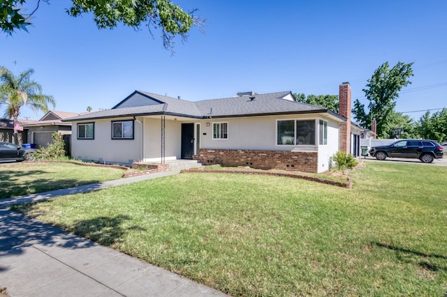 786 E Barstow Ave, Fresno, CA 93710 - ranch-style home with a chimney, a front lawn, brick siding, and crawl space