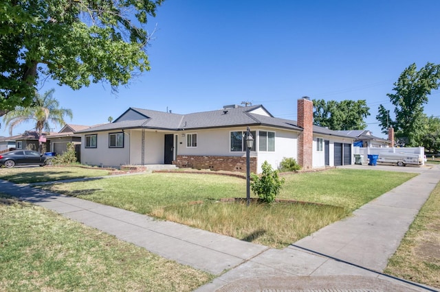 786 E Barstow Ave, Fresno, CA 93710 - ranch-style house featuring a garage, a front yard, a chimney, and stucco siding