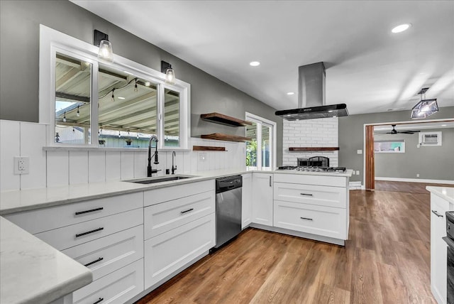 1408 S Hope Ave, Reedley, CA 93654 - kitchen with appliances with stainless steel finishes, island range hood, ceiling fan, white cabinets, and open shelves