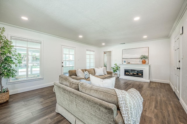 927 W Pico Ave, Fresno, CA 93705 - living area featuring dark wood finished floors, ornamental molding, a glass covered fireplace, recessed lighting, and a textured ceiling