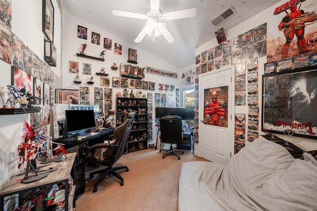 2148 N Ivanhoe Ave, Fresno, CA 93722 - carpeted home office with lofted ceiling and ceiling fan