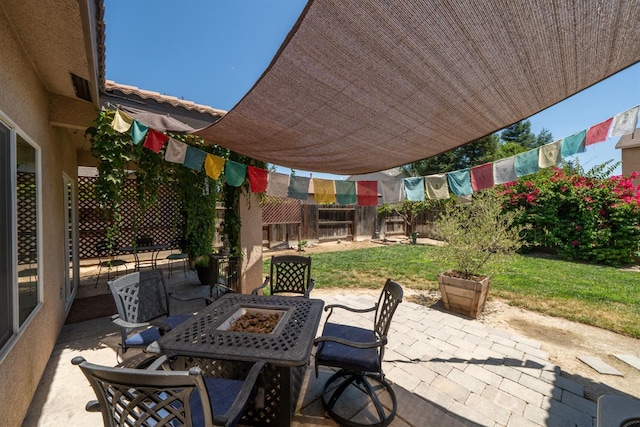 2148 N Ivanhoe Ave, Fresno, CA 93722 - fenced backyard featuring a patio and an outdoor fire pit