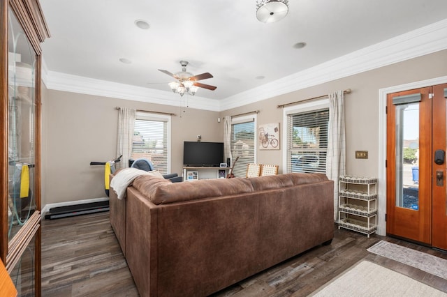 242 Hamlet St, Lemoore, CA 93245 - living room featuring dark wood-type flooring, ceiling fan, crown molding, and french doors