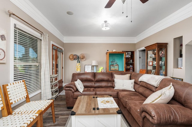 242 Hamlet St, Lemoore, CA 93245 - living area featuring wood finished floors, crown molding, and a ceiling fan