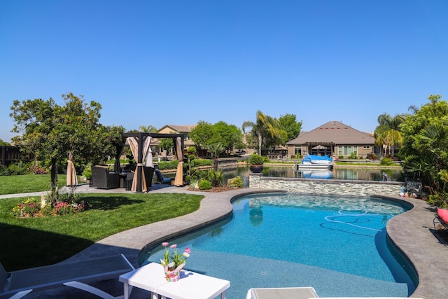 4249 N Waterside Dr, Clovis, CA 93619 - outdoor pool with a lawn, a gazebo, a patio area, and a water view