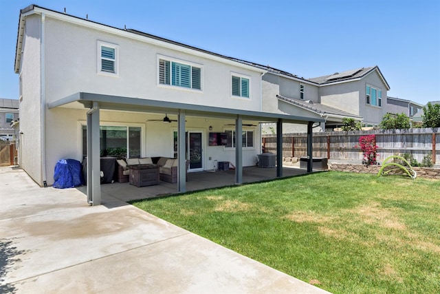 165 Timberline Way S, Madera, CA 93636 - rear view of property with ceiling fan, stucco siding, an outdoor hangout area, and a patio area