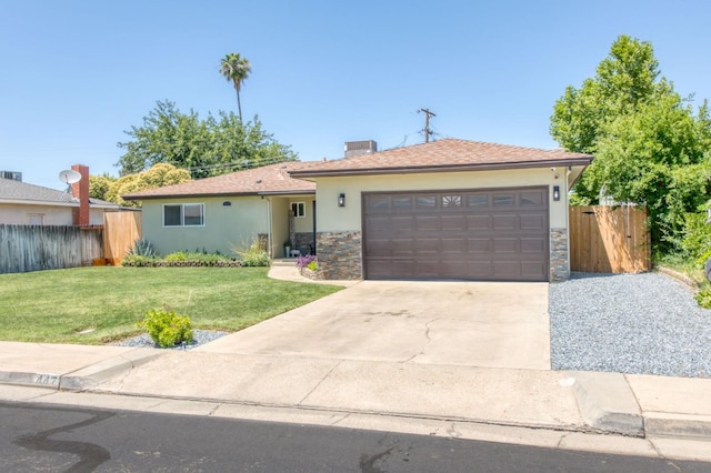 447 W Scott Ave, Clovis, CA 93612 - ranch-style home with an attached garage, stone siding, concrete driveway, stucco siding, and a chimney