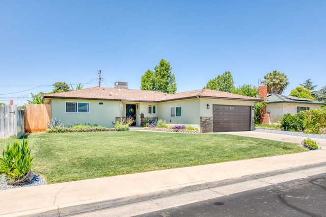 447 W Scott Ave, Clovis, CA 93612 - ranch-style house featuring a garage, stucco siding, driveway, and a chimney