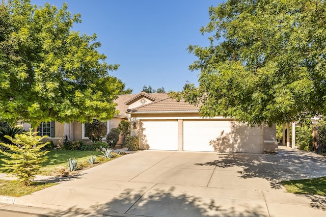 3624 N Jackie, Visalia, CA 93291 - obstructed view of property with stucco siding, driveway, an attached garage, a tiled roof, and a front lawn