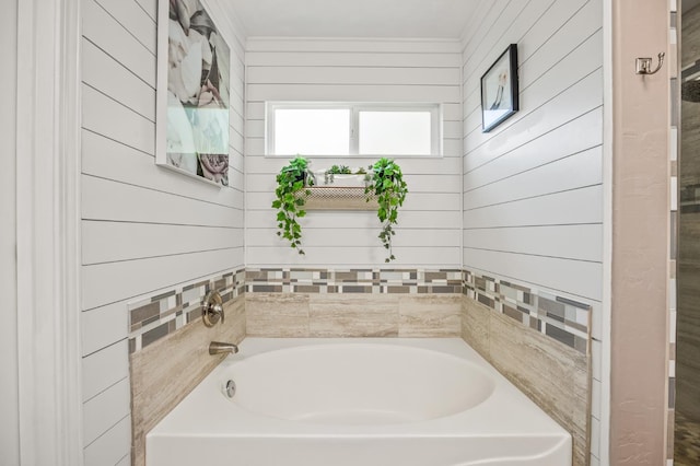 3624 N Jackie, Visalia, CA 93291 - full bath with a garden tub, ornamental molding, and wood walls