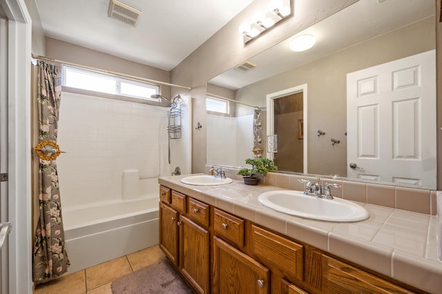 3624 N Jackie, Visalia, CA 93291 - full bath with shower / tub combo with curtain, double vanity, and tile patterned flooring