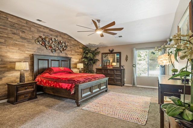 3624 N Jackie, Visalia, CA 93291 - bedroom with carpet floors, vaulted ceiling, a ceiling fan, wooden walls, and access to outside