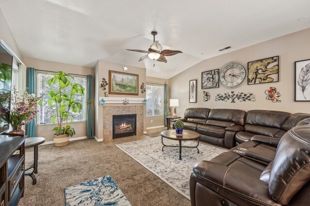 3624 N Jackie, Visalia, CA 93291 - carpeted living area with a ceiling fan, a tiled fireplace, and lofted ceiling