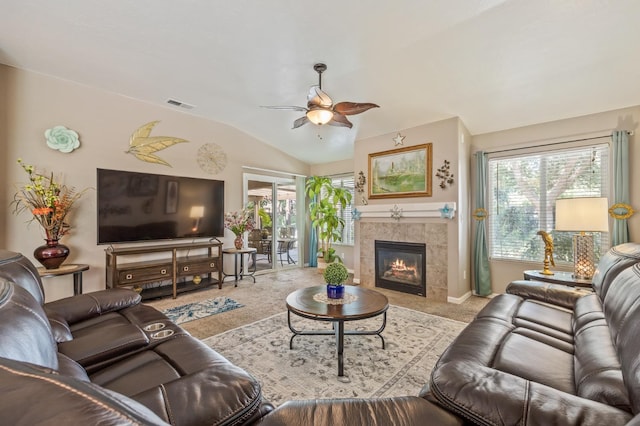 3624 N Jackie, Visalia, CA 93291 - carpeted living area with a ceiling fan, vaulted ceiling, and a fireplace