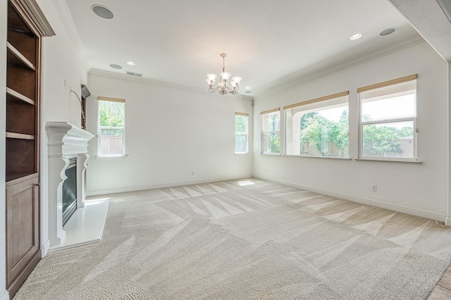 2593 E Utah, Fresno, CA 93720 - unfurnished living room featuring light carpet, ornamental molding, a chandelier, recessed lighting, and a glass covered fireplace