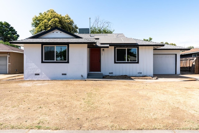 1934 W Pontiac Way, Fresno, CA 93705 - view of front of property featuring crawl space, solar panels, entry steps, a shingled roof, and concrete driveway