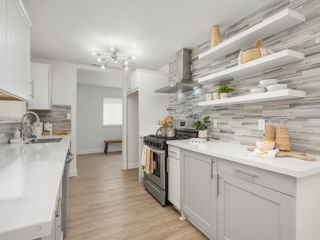 4326 N Holt, Fresno, CA 93705 - kitchen with gas stove, wall chimney exhaust hood, open shelves, backsplash, and light wood-type flooring