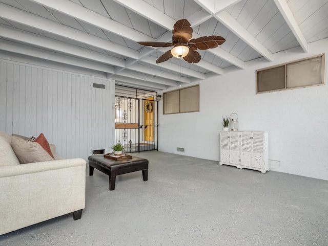 4326 N Holt, Fresno, CA 93705 - living area with beamed ceiling, speckled floor, and ceiling fan