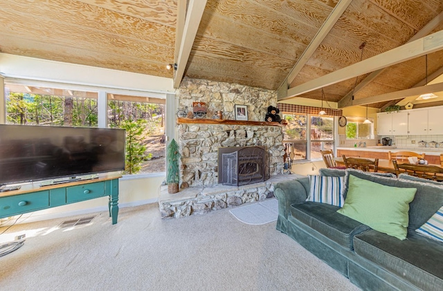 53608 Chipo Poyah, North Fork, CA 93643 - living room featuring plenty of natural light, carpet floors, wood ceiling, and a fireplace
